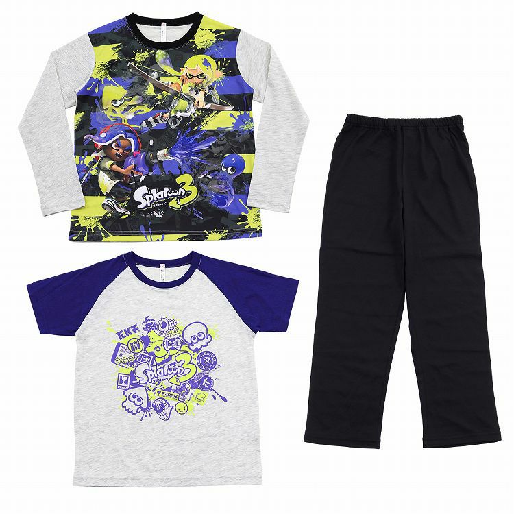 スプラトゥーン3 光るパジャマ 2TOPS パジャマ 長袖 半袖 通販 パーカー 120cm グレー ロゴ入りプリント