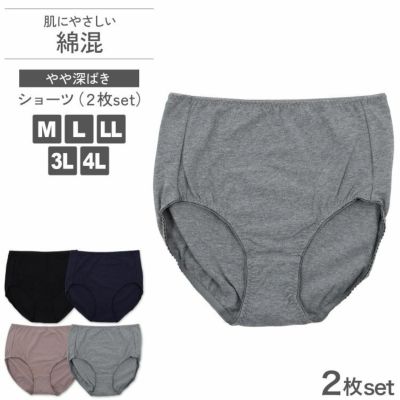 レディース レギュラーショーツ 無地 2枚組 綿混 深ばき 肌にやさしい ストレッチ 大きいサイズ